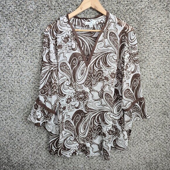 Susan Graver Top Womens Plus 1X Brown V Neck Paisley Print Sheer Blouse Ladies - Picture 1 of 7
